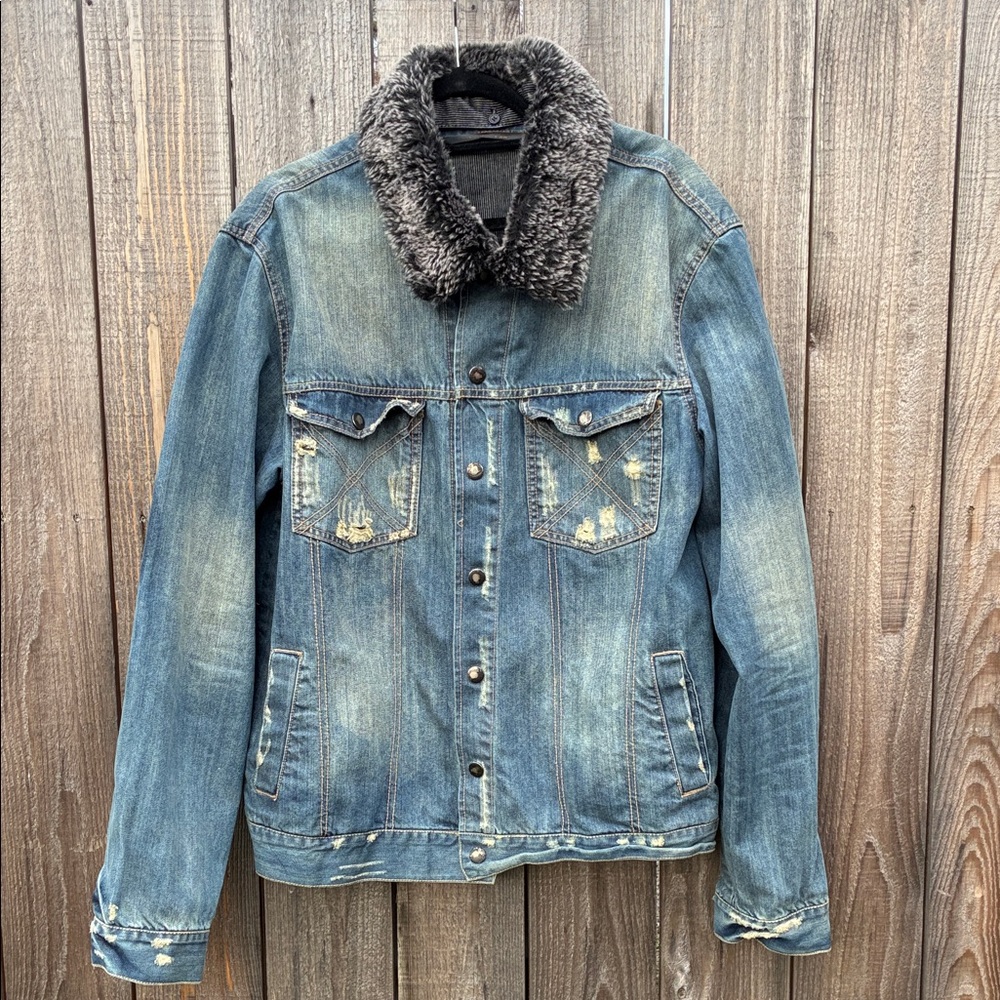 Men's Denim Jacket with Faux Fur Collar